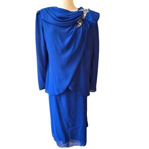 Vintage Ursula of Switzerland Women 80's Embellished Cocktail Dress Size 16 Blue
